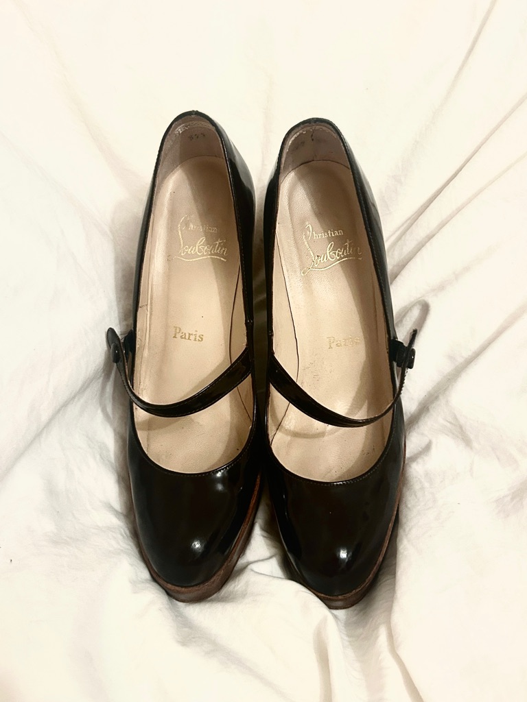 Christian Louboutin Black Patent Mary Jane Flats With Strap